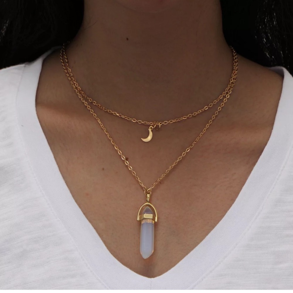 Hexagon Smoky Quartz Double Layer Moon Pendent Necklace